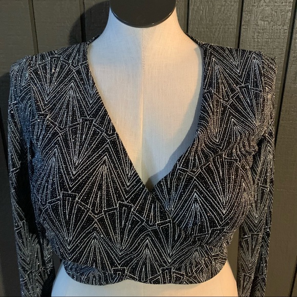 Divided Black And Silver Shimmery Wrap Crop Top - Picture 2 of 6